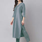 Janasya Regular Chinnon Ice Blue Embroidered V-Neck Kurta,Bottom & Dupatta | Swadesiicart