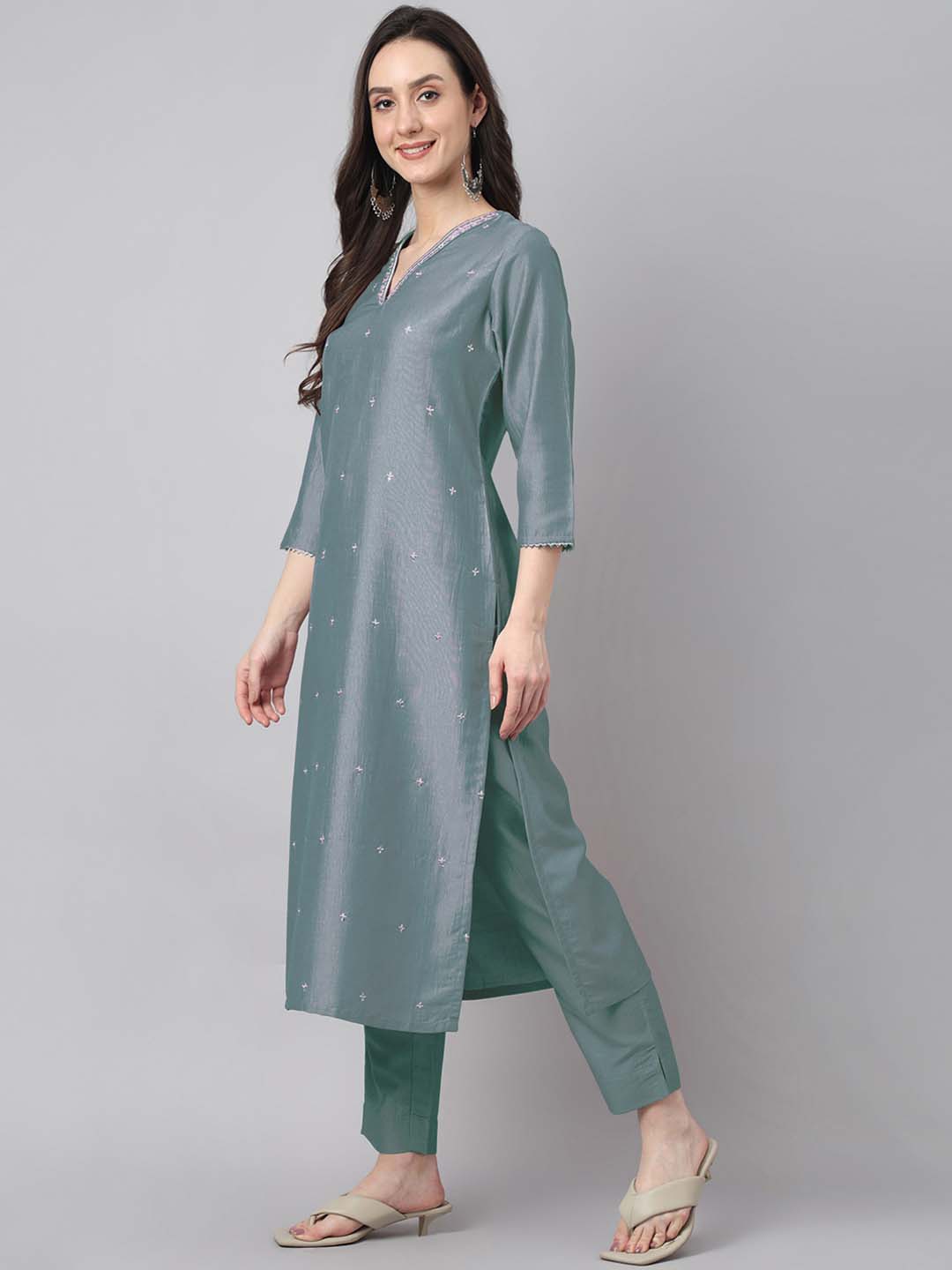 Janasya Regular Chinnon Ice Blue Embroidered V-Neck Kurta,Bottom & Dupatta | Swadesiicart