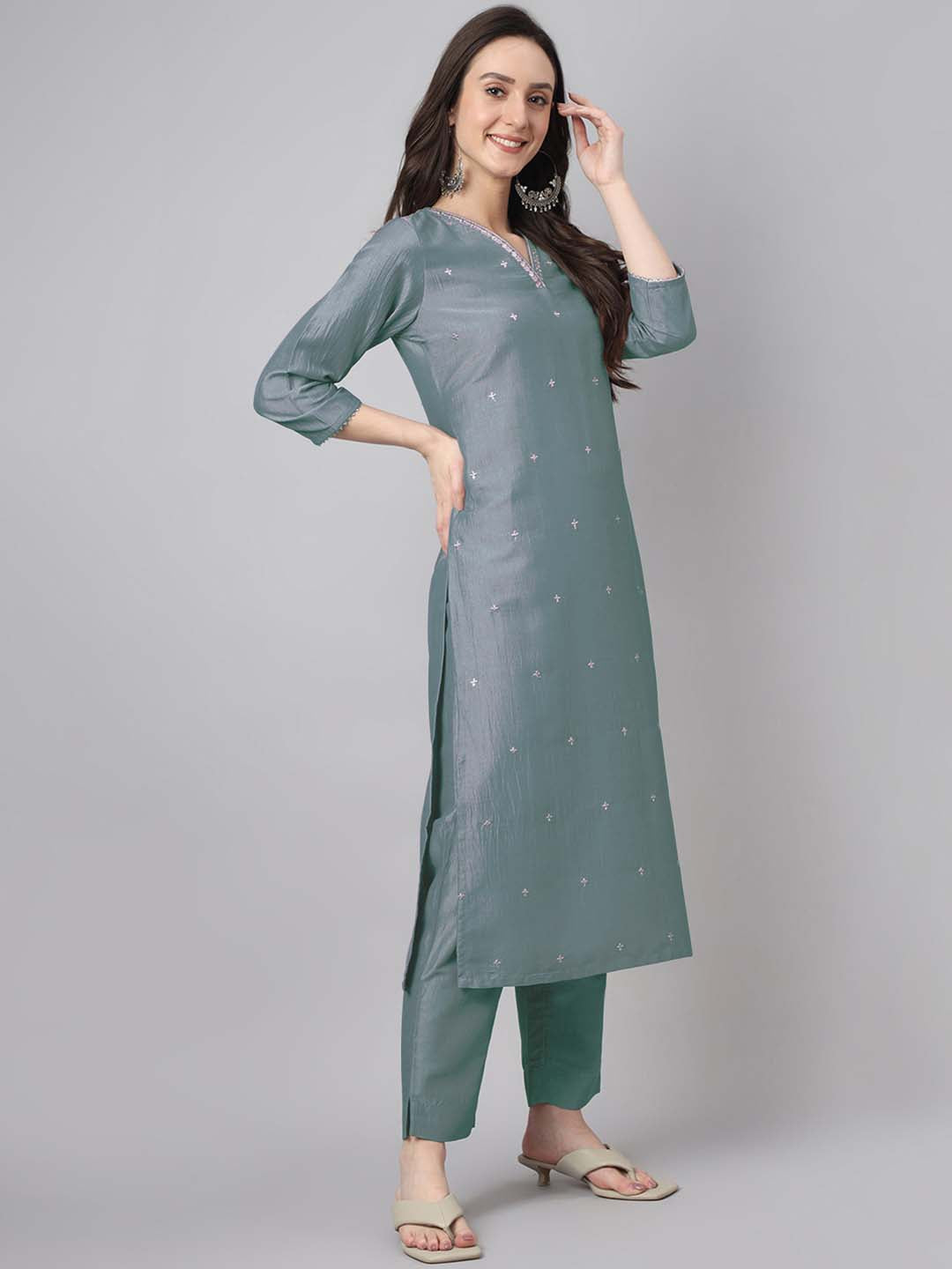 Janasya Regular Chinnon Ice Blue Embroidered V-Neck Kurta,Bottom & Dupatta | Swadesiicart