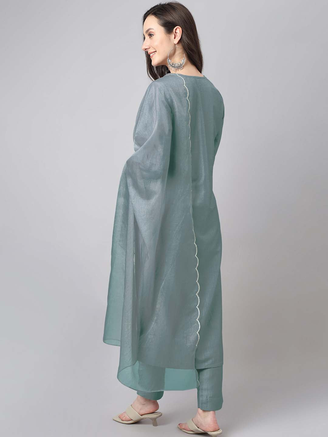 Janasya Regular Chinnon Ice Blue Embroidered V-Neck Kurta,Bottom & Dupatta | Swadesiicart