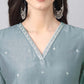 Janasya Regular Chinnon Ice Blue Embroidered V-Neck Kurta,Bottom & Dupatta | Swadesiicart