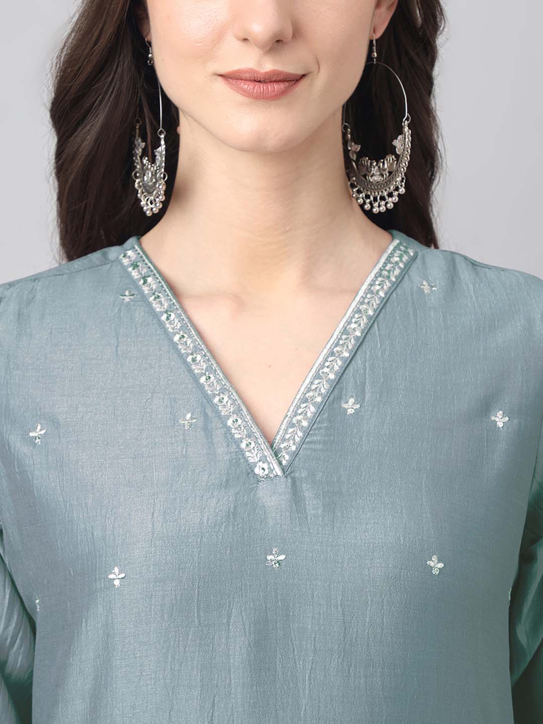 Janasya Regular Chinnon Ice Blue Embroidered V-Neck Kurta,Bottom & Dupatta | Swadesiicart