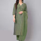 Janasya Regular Chinnon Green Ethnic Motifs V-Neck Kurta,Bottom & Dupatta | Swadesiicart