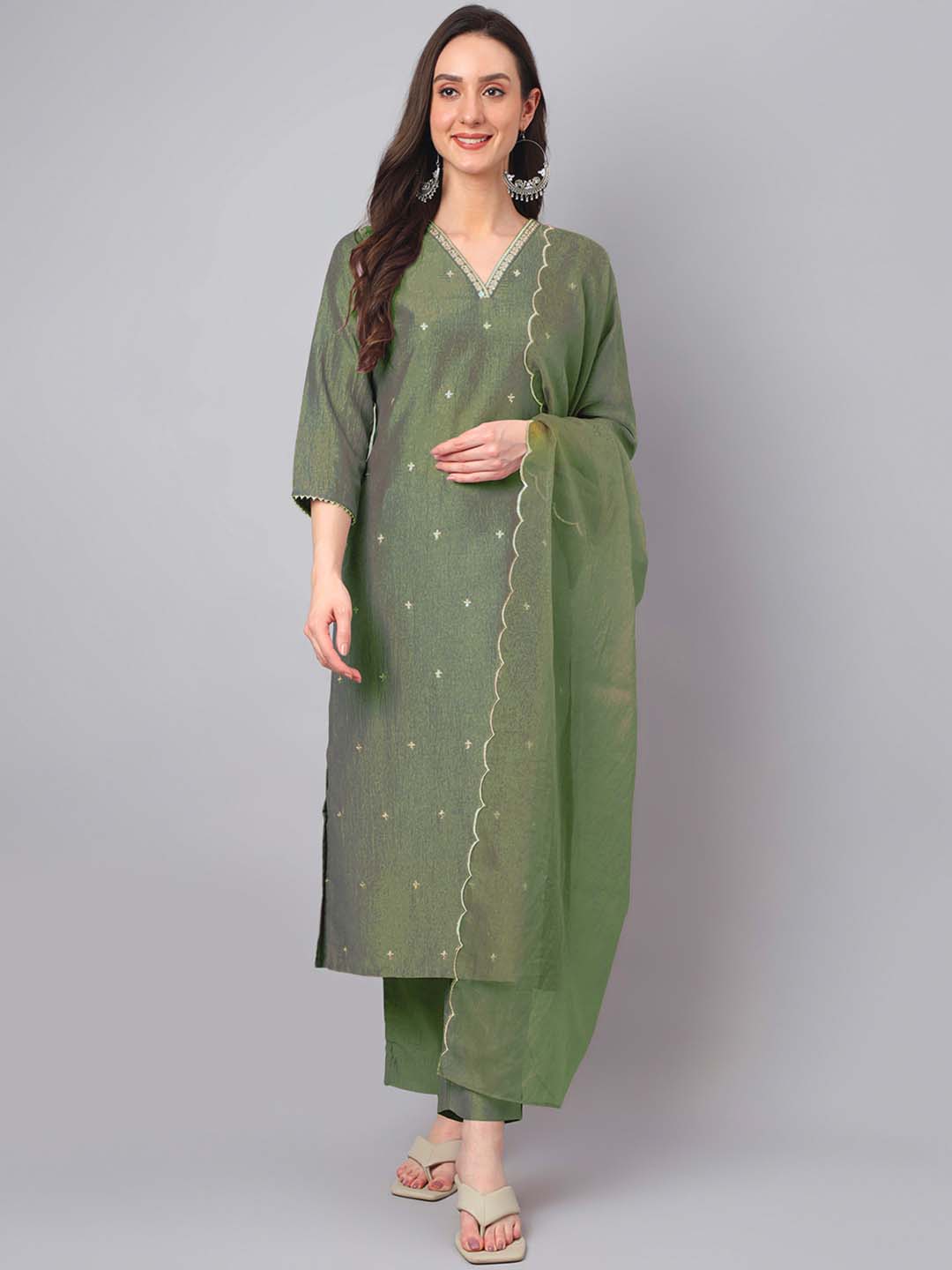 Janasya Regular Chinnon Green Ethnic Motifs V-Neck Kurta,Bottom & Dupatta | Swadesiicart