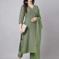 Janasya Regular Chinnon Green Ethnic Motifs V-Neck Kurta,Bottom & Dupatta | Swadesiicart