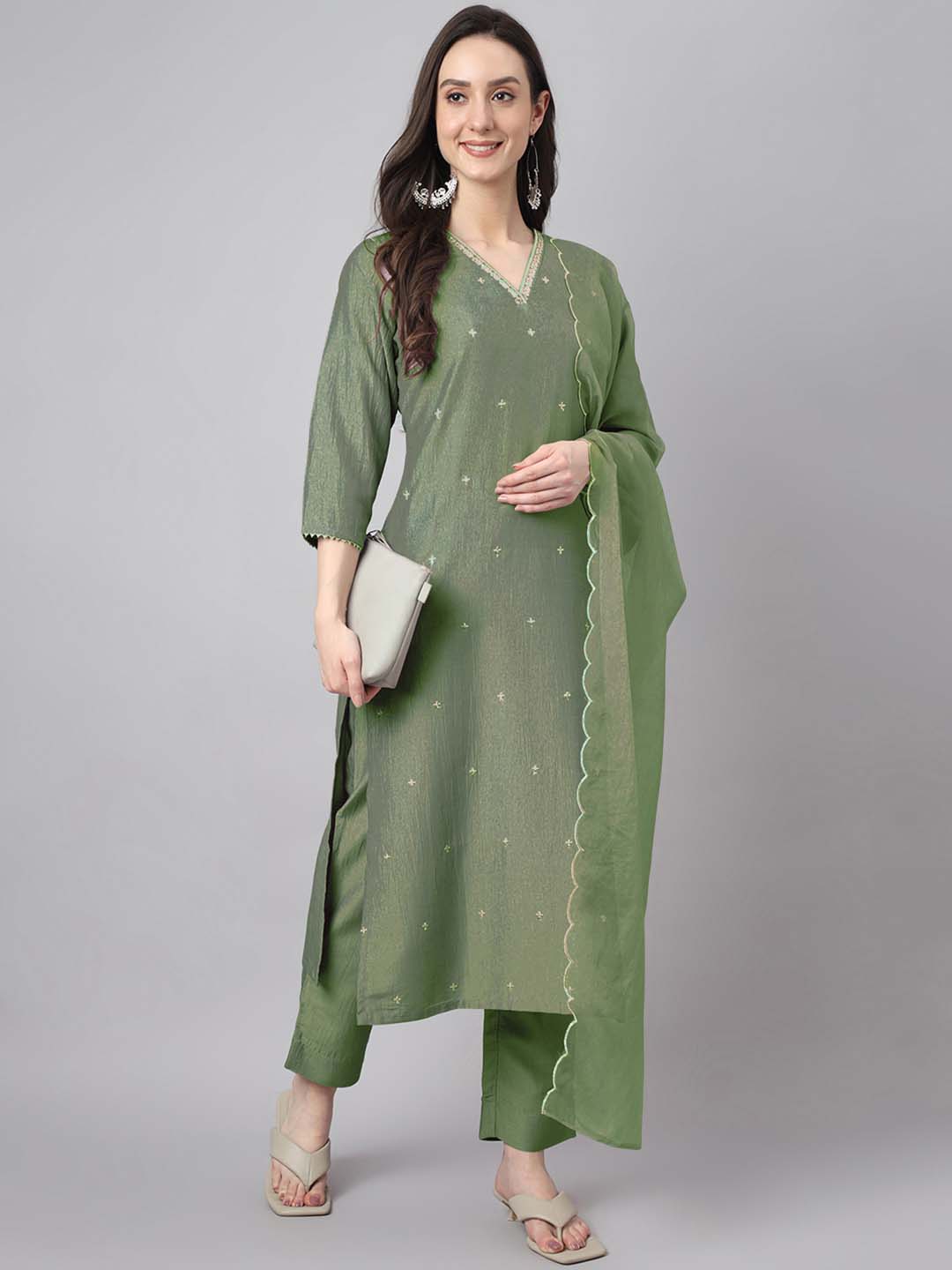 Janasya Regular Chinnon Green Ethnic Motifs V-Neck Kurta,Bottom & Dupatta | Swadesiicart
