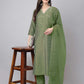 Janasya Regular Chinnon Green Ethnic Motifs V-Neck Kurta,Bottom & Dupatta | Swadesiicart