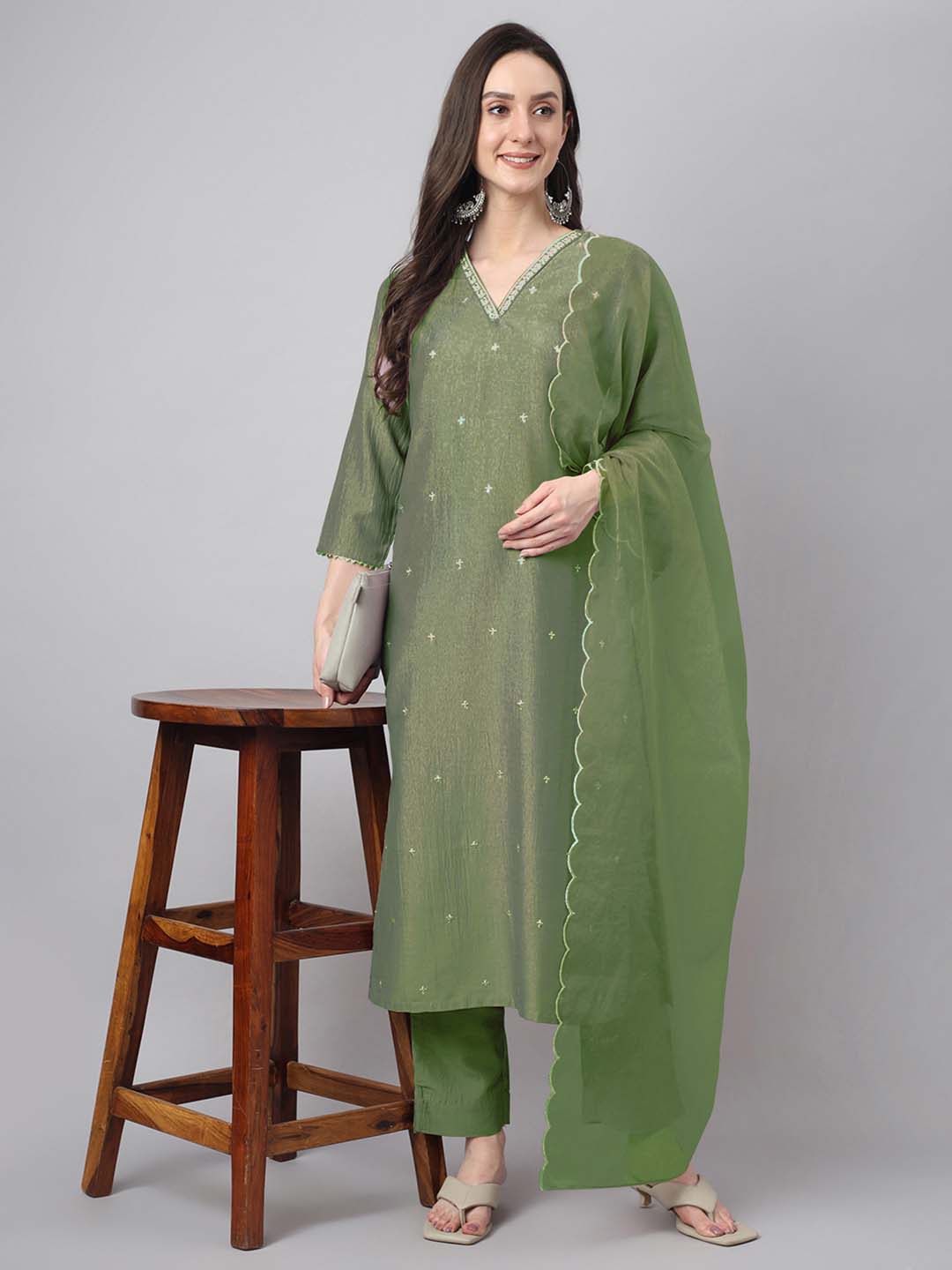 Janasya Regular Chinnon Green Ethnic Motifs V-Neck Kurta,Bottom & Dupatta | Swadesiicart