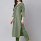 Janasya Regular Chinnon Green Ethnic Motifs V-Neck Kurta,Bottom & Dupatta | Swadesiicart