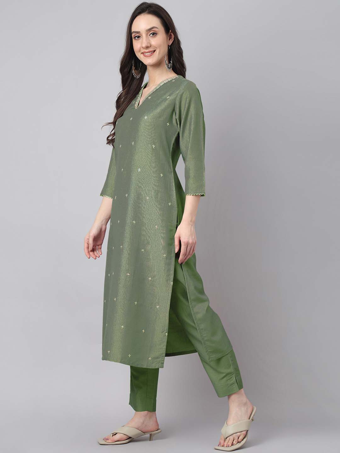 Janasya Regular Chinnon Green Ethnic Motifs V-Neck Kurta,Bottom & Dupatta | Swadesiicart