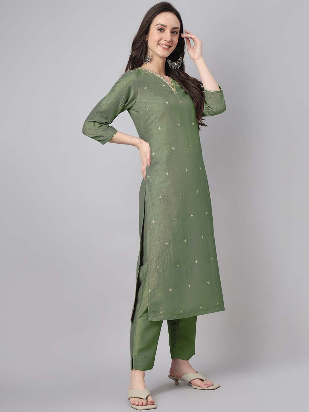 Janasya Regular Chinnon Green Ethnic Motifs V-Neck Kurta,Bottom & Dupatta | Swadesiicart