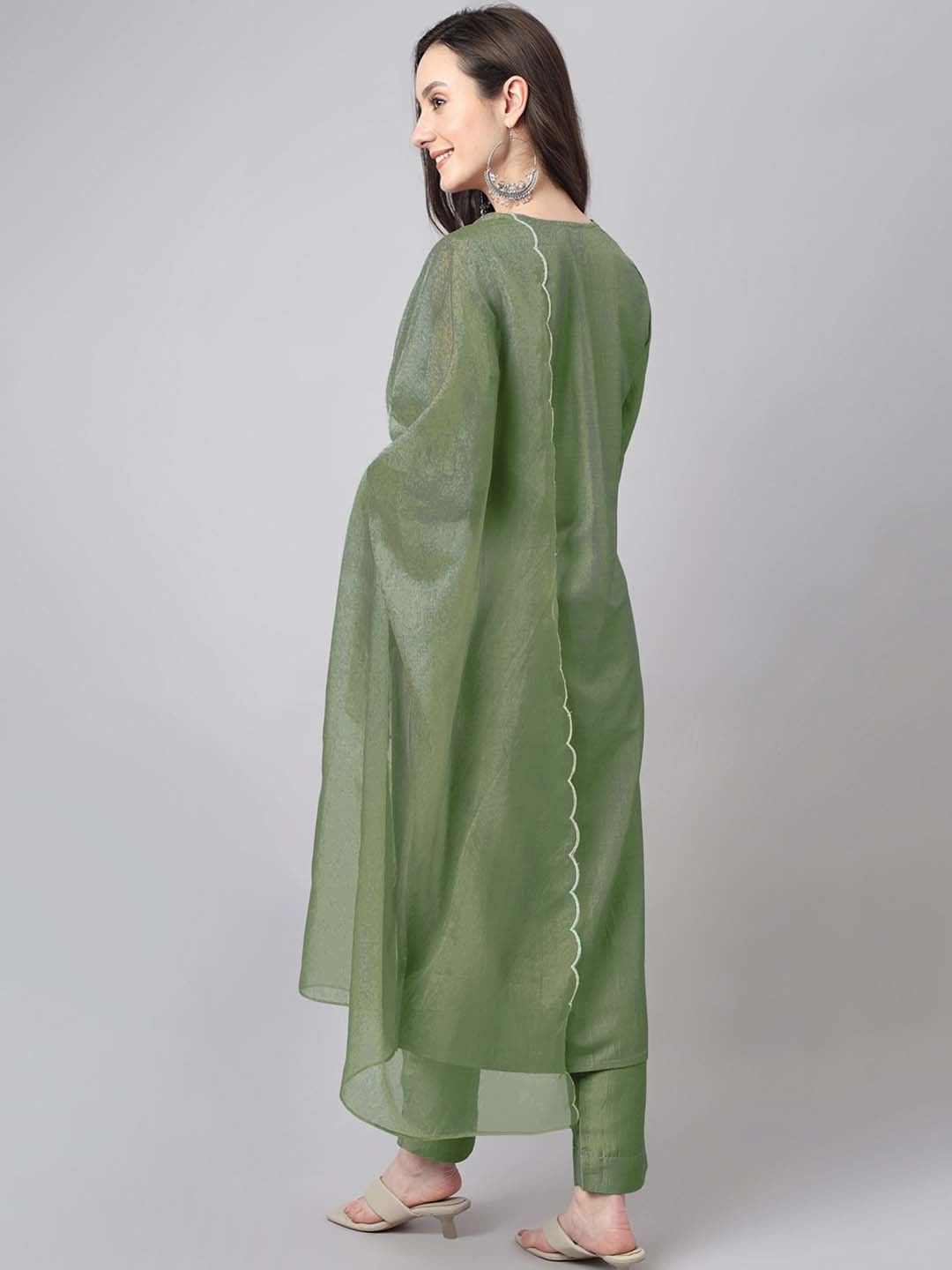 Janasya Regular Chinnon Green Ethnic Motifs V-Neck Kurta,Bottom & Dupatta | Swadesiicart