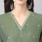 Janasya Regular Chinnon Green Ethnic Motifs V-Neck Kurta,Bottom & Dupatta | Swadesiicart
