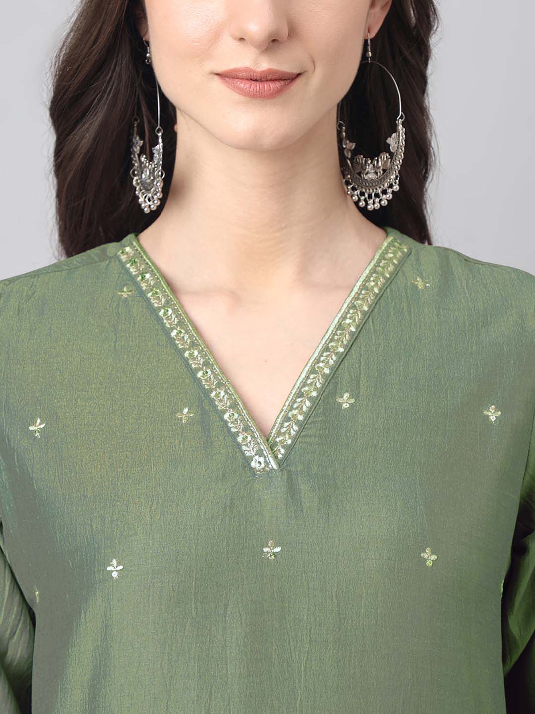 Janasya Regular Chinnon Green Ethnic Motifs V-Neck Kurta,Bottom & Dupatta | Swadesiicart