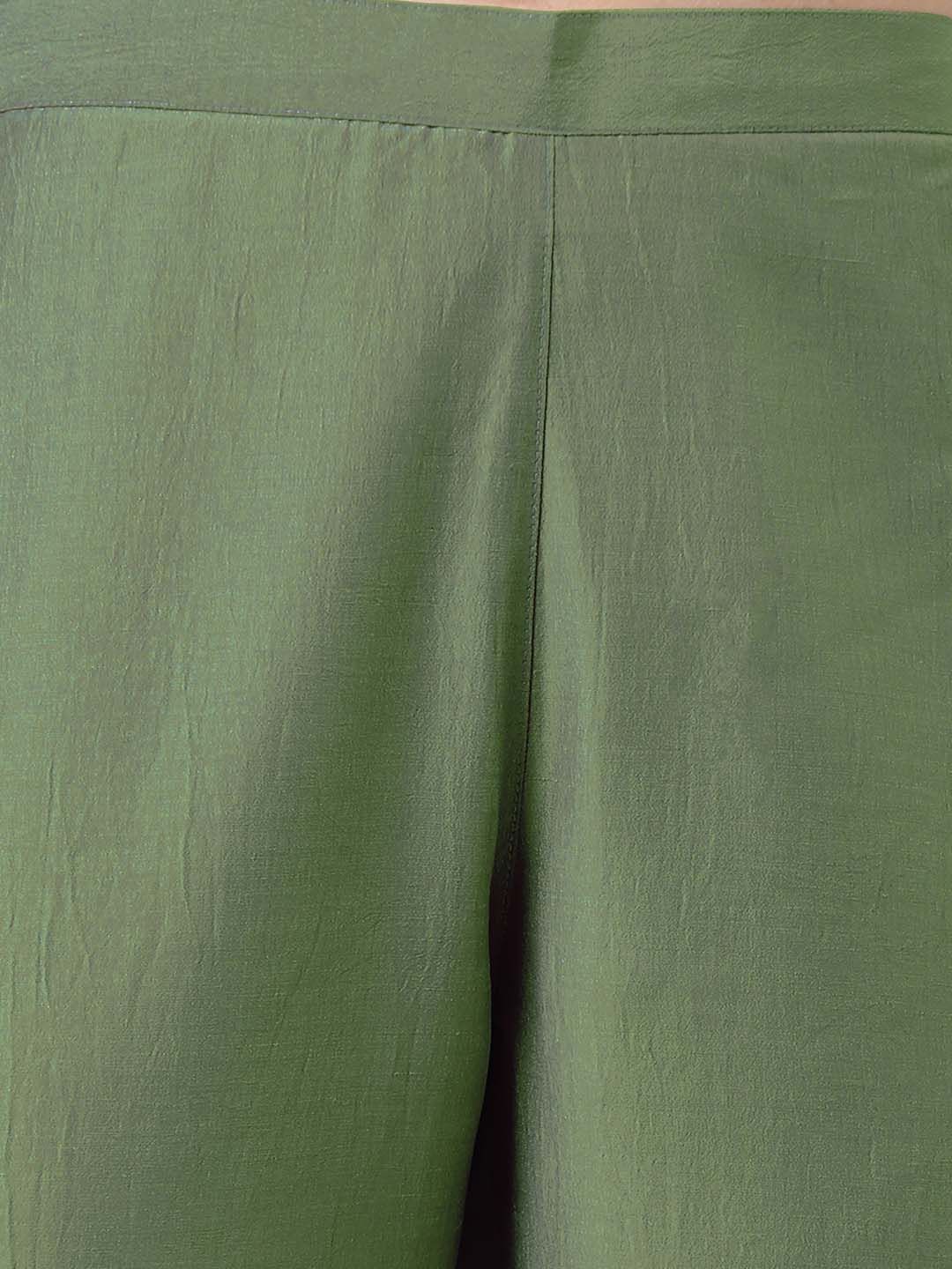 Janasya Regular Chinnon Green Ethnic Motifs V-Neck Kurta,Bottom & Dupatta | Swadesiicart