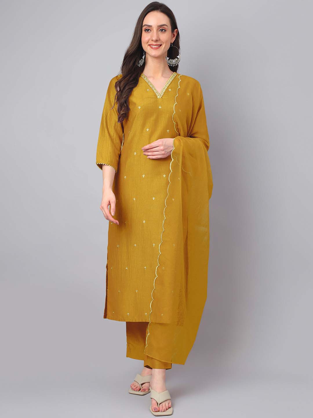 Janasya Regular Chinnon Mustard Ethnic Motifs V-Neck Kurta,Bottom & Dupatta | Swadesiicart