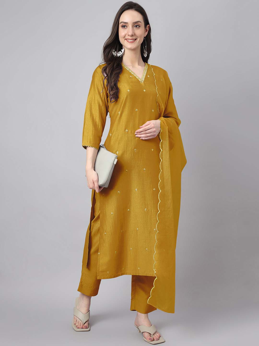 Janasya Regular Chinnon Mustard Ethnic Motifs V-Neck Kurta,Bottom & Dupatta | Swadesiicart