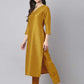 Janasya Regular Chinnon Mustard Ethnic Motifs V-Neck Kurta,Bottom & Dupatta | Swadesiicart