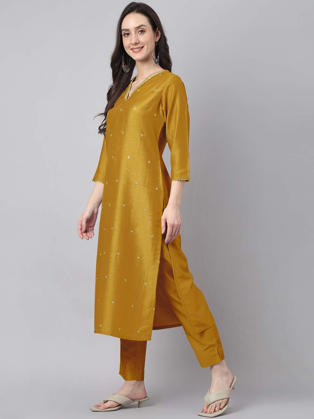 Janasya Regular Chinnon Mustard Ethnic Motifs V-Neck Kurta,Bottom & Dupatta | Swadesiicart