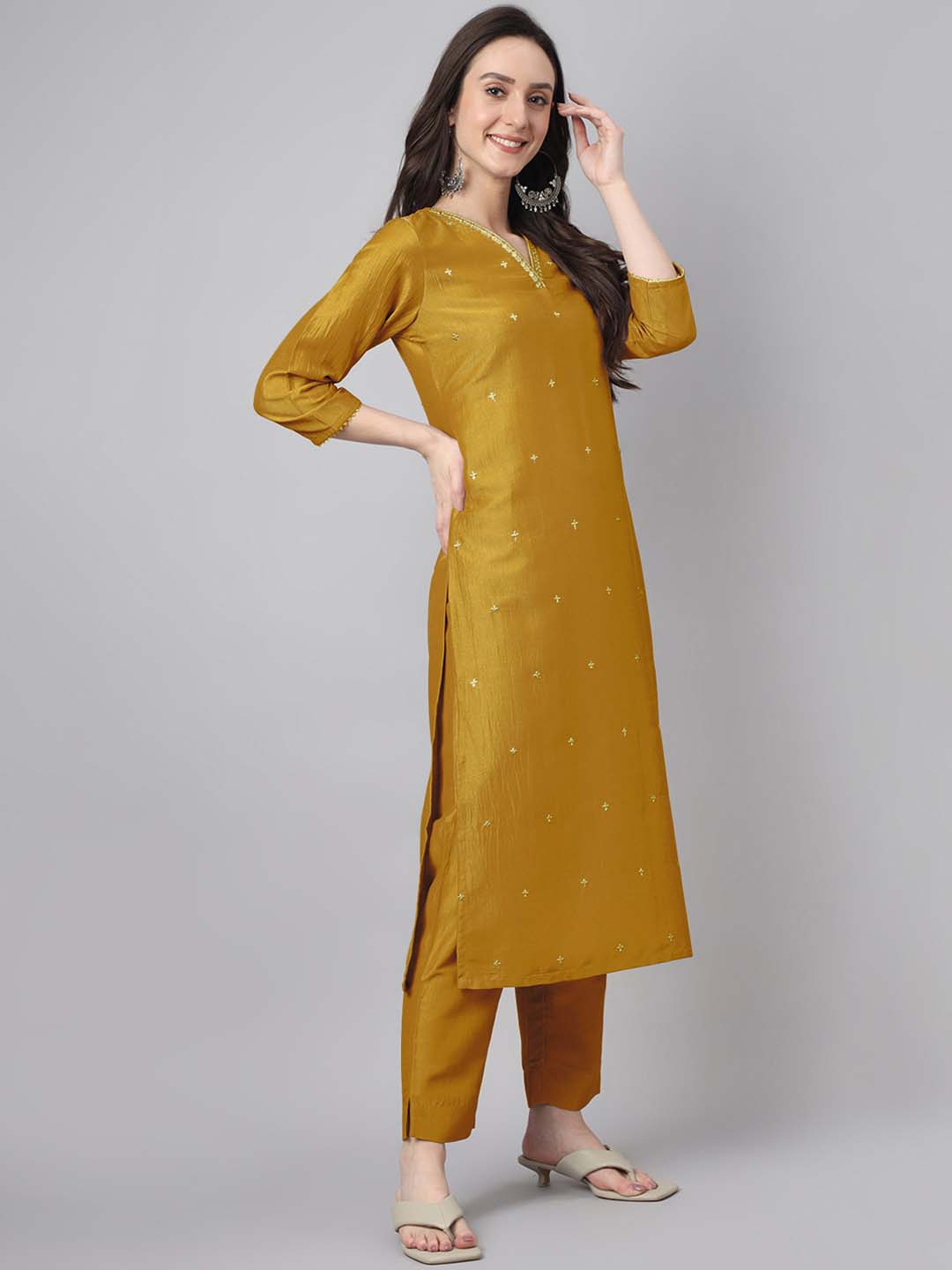 Janasya Regular Chinnon Mustard Ethnic Motifs V-Neck Kurta,Bottom & Dupatta | Swadesiicart