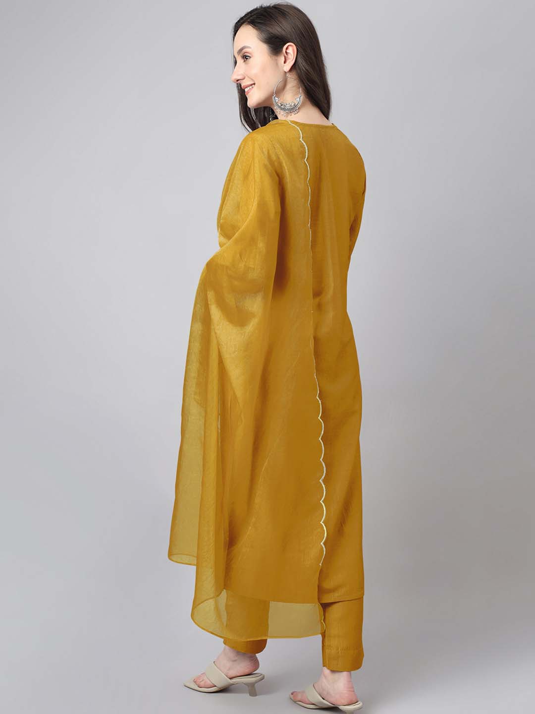 Janasya Regular Chinnon Mustard Ethnic Motifs V-Neck Kurta,Bottom & Dupatta | Swadesiicart