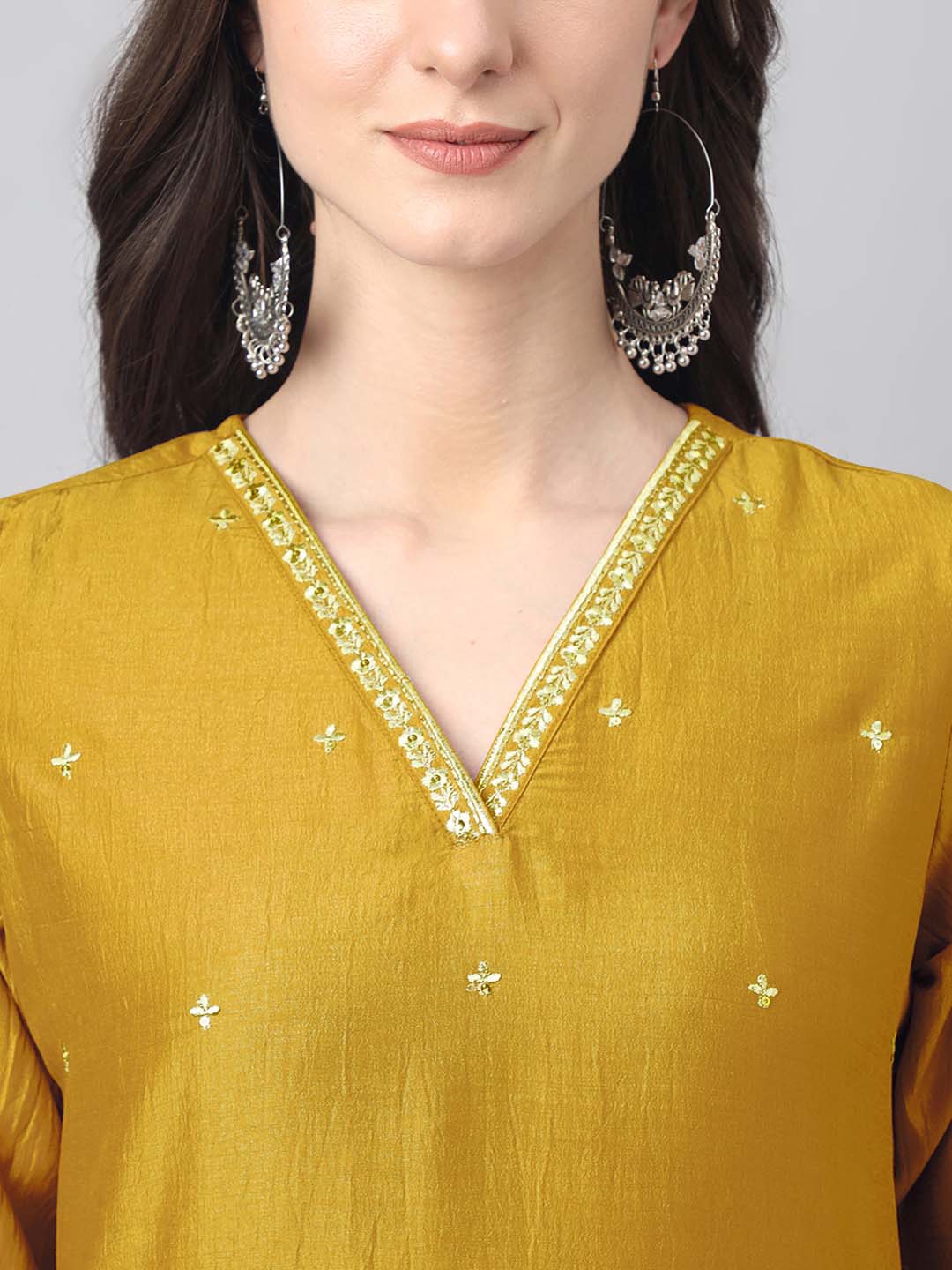 Janasya Regular Chinnon Mustard Ethnic Motifs V-Neck Kurta,Bottom & Dupatta | Swadesiicart