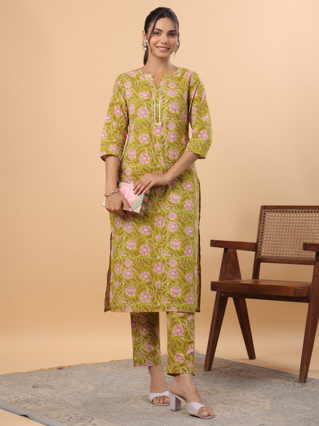 Janasya Regular Cambric Lime Green Floral Round Neck Kurta & Bottom | Swadesiicart