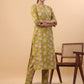 Janasya Regular Cambric Lime Green Floral Round Neck Kurta & Bottom | Swadesiicart