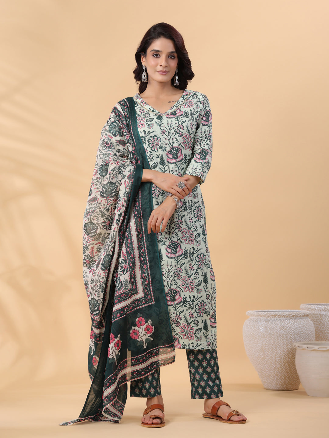 Janasya Regular Cambric Mint Floral V-Neck Kurta,Bottom & Dupatta | Swadesiicart