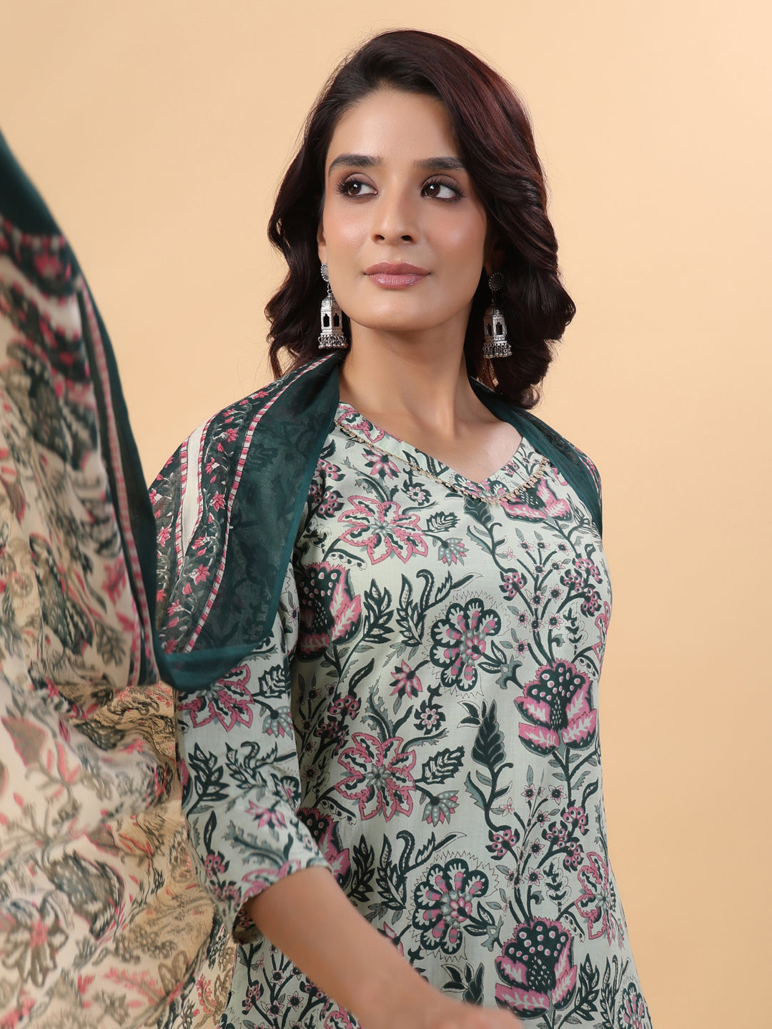Janasya Regular Cambric Mint Floral V-Neck Kurta,Bottom & Dupatta | Swadesiicart