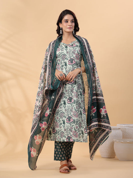Janasya Regular Cambric Mint Floral V-Neck Kurta,Bottom & Dupatta | Swadesiicart
