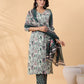 Janasya Regular Cambric Mint Floral V-Neck Kurta,Bottom & Dupatta | Swadesiicart