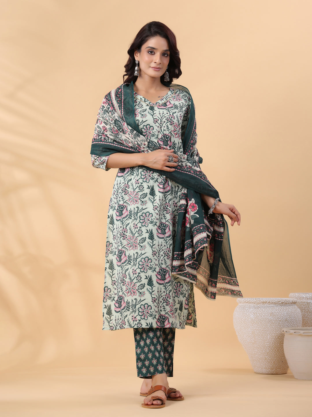 Janasya Regular Cambric Mint Floral V-Neck Kurta,Bottom & Dupatta | Swadesiicart