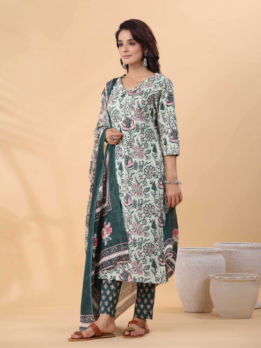 Janasya Regular Cambric Mint Floral V-Neck Kurta,Bottom & Dupatta | Swadesiicart