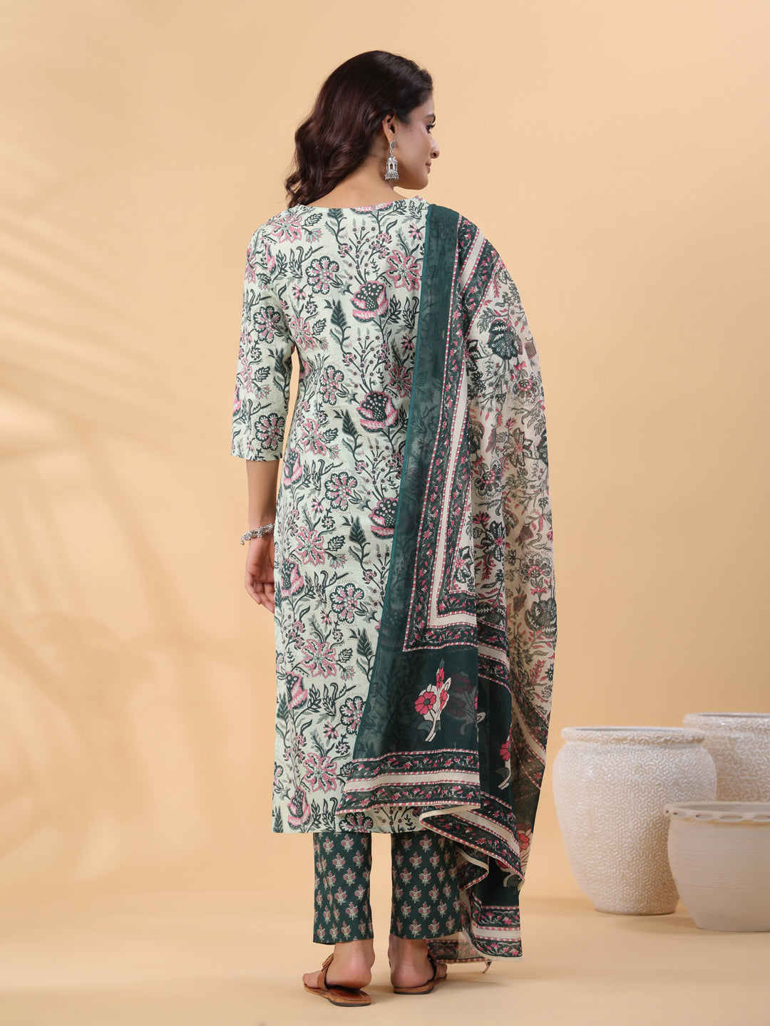 Janasya Regular Cambric Mint Floral V-Neck Kurta,Bottom & Dupatta | Swadesiicart