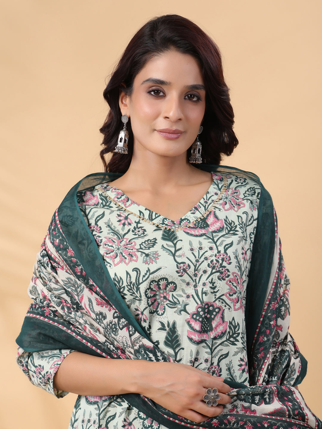 Janasya Regular Cambric Mint Floral V-Neck Kurta,Bottom & Dupatta | Swadesiicart