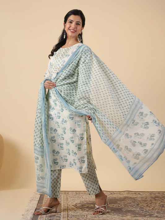 Janasya Bright Cotton Floral Straight Kurta Set | Swadesiicart