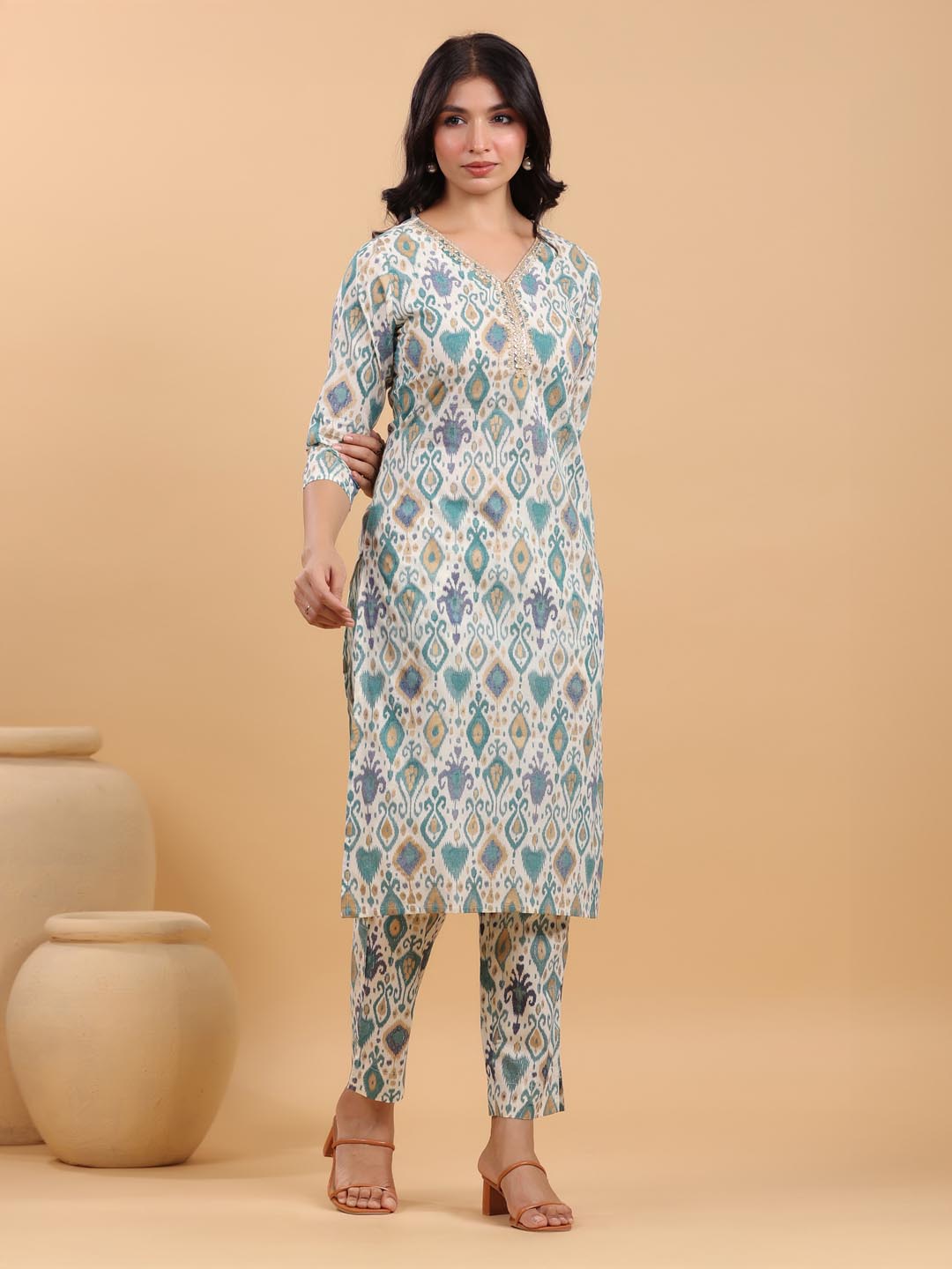 Janasya Light Cotton Ikkat Straight Kurta Set | Swadesiicart