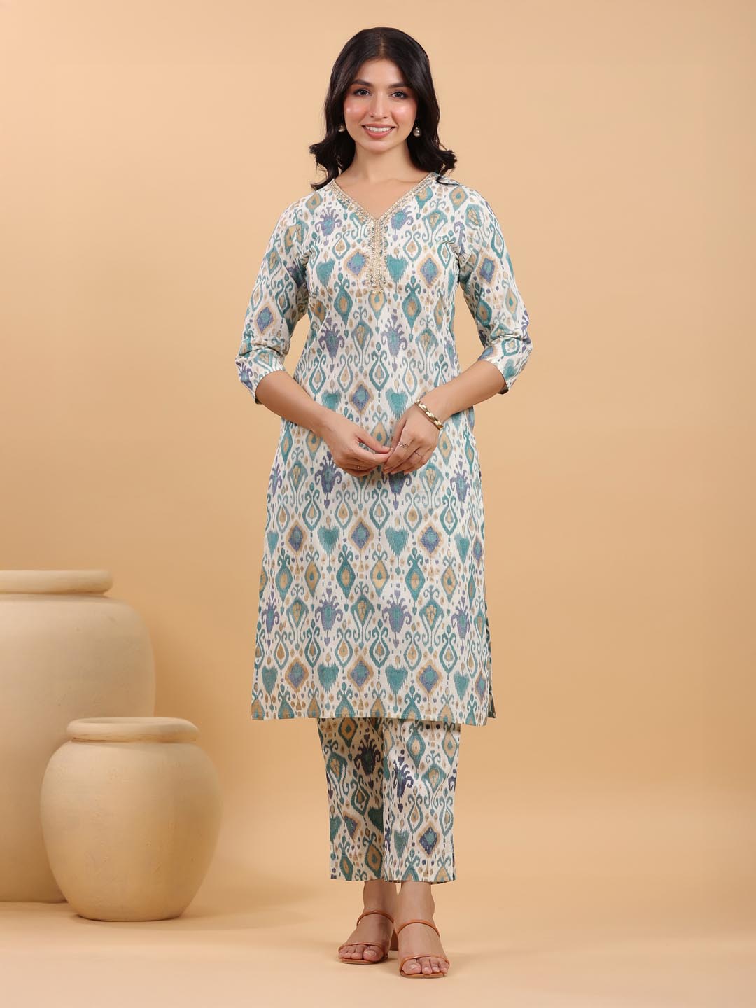 Janasya Light Cotton Ikkat Straight Kurta Set | Swadesiicart