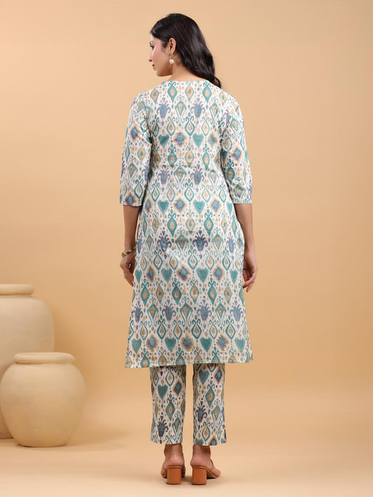 Janasya Light Cotton Ikkat Straight Kurta Set | Swadesiicart