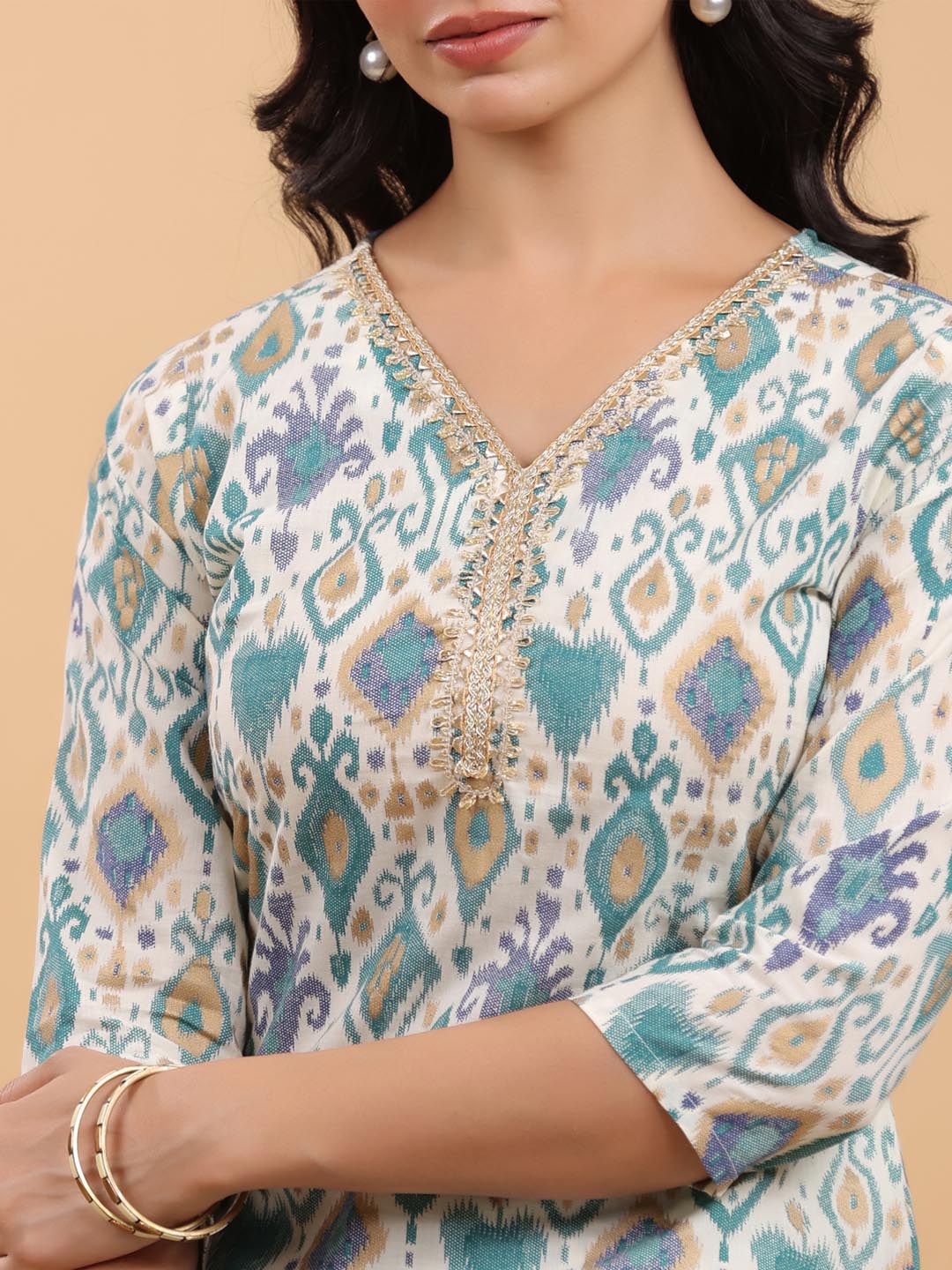 Janasya Light Cotton Ikkat Straight Kurta Set | Swadesiicart