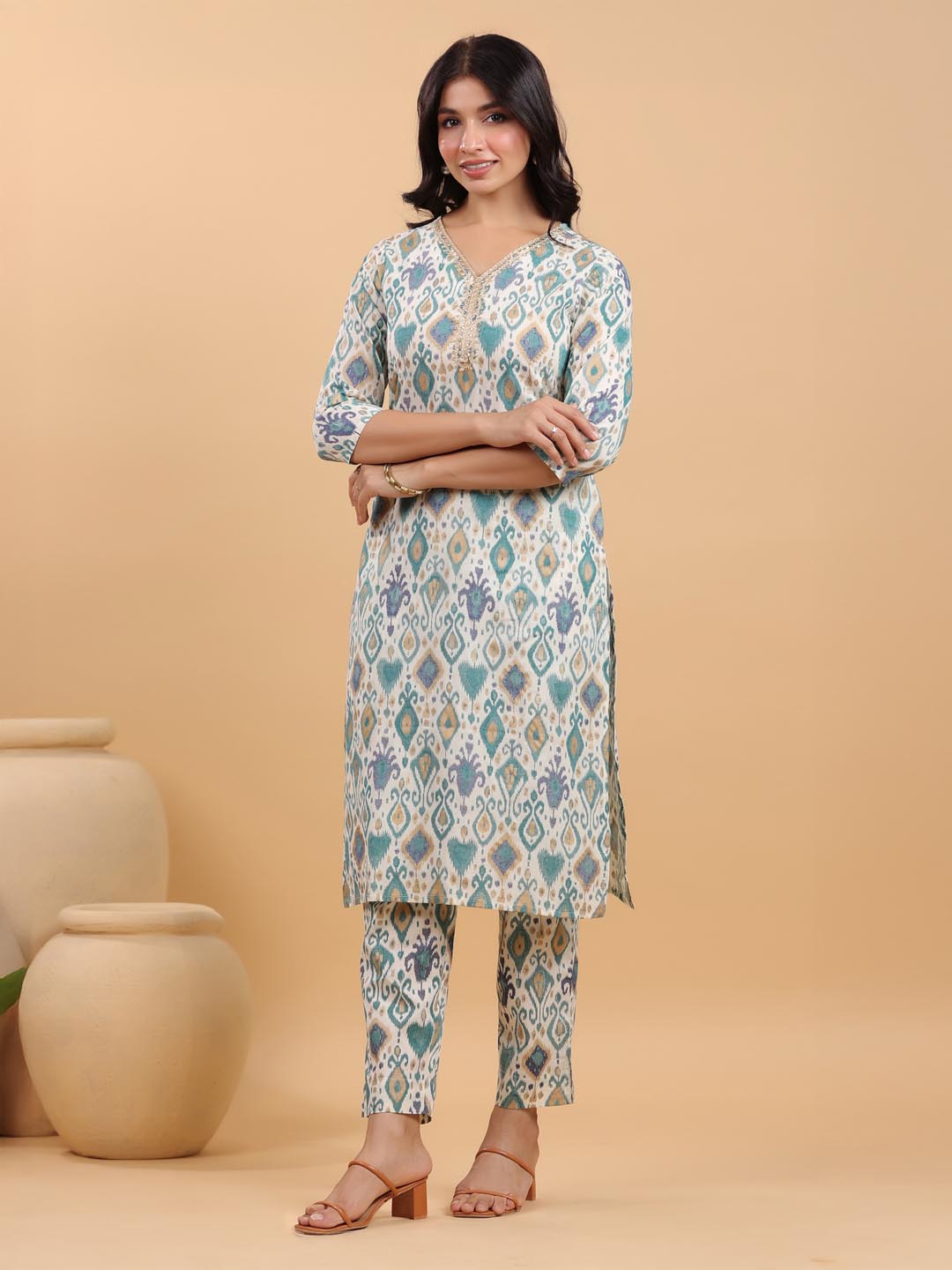 Janasya Light Cotton Ikkat Straight Kurta Set | Swadesiicart