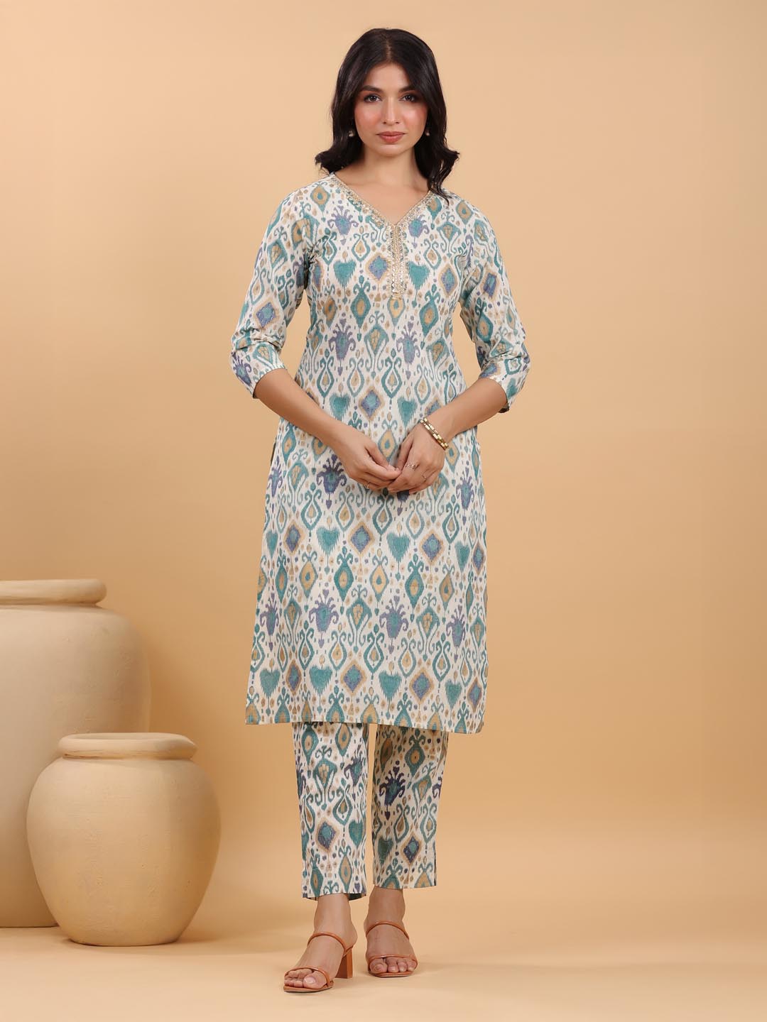 Janasya Light Cotton Ikkat Straight Kurta Set | Swadesiicart