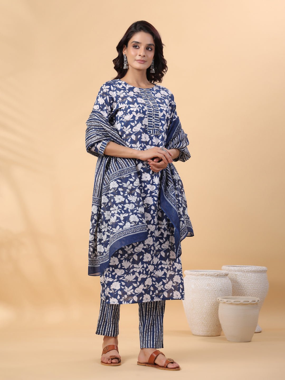 Janasya Blue Cambric Floral Set | Swadesiicart