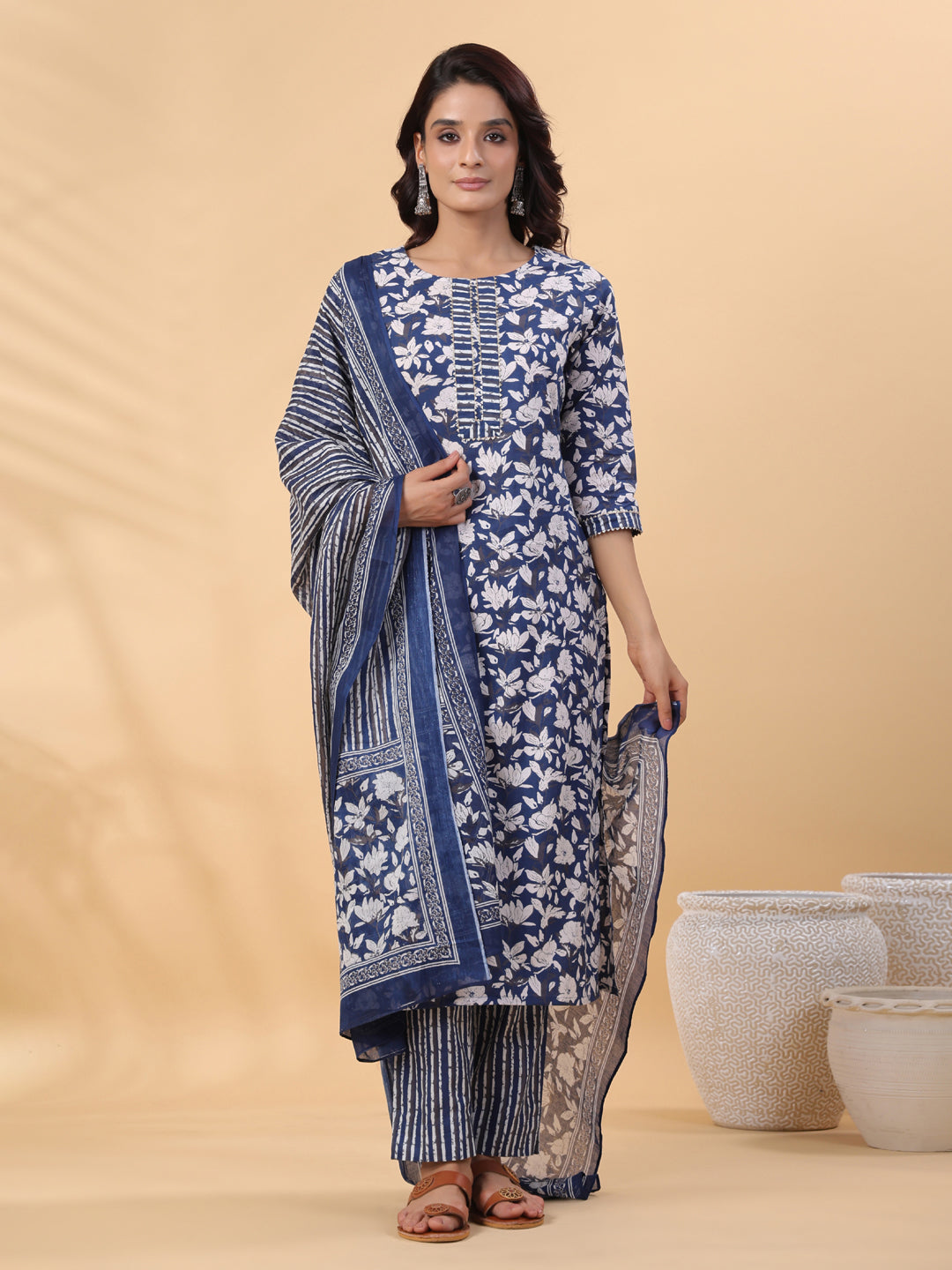 Janasya Blue Cambric Floral Set | Swadesiicart