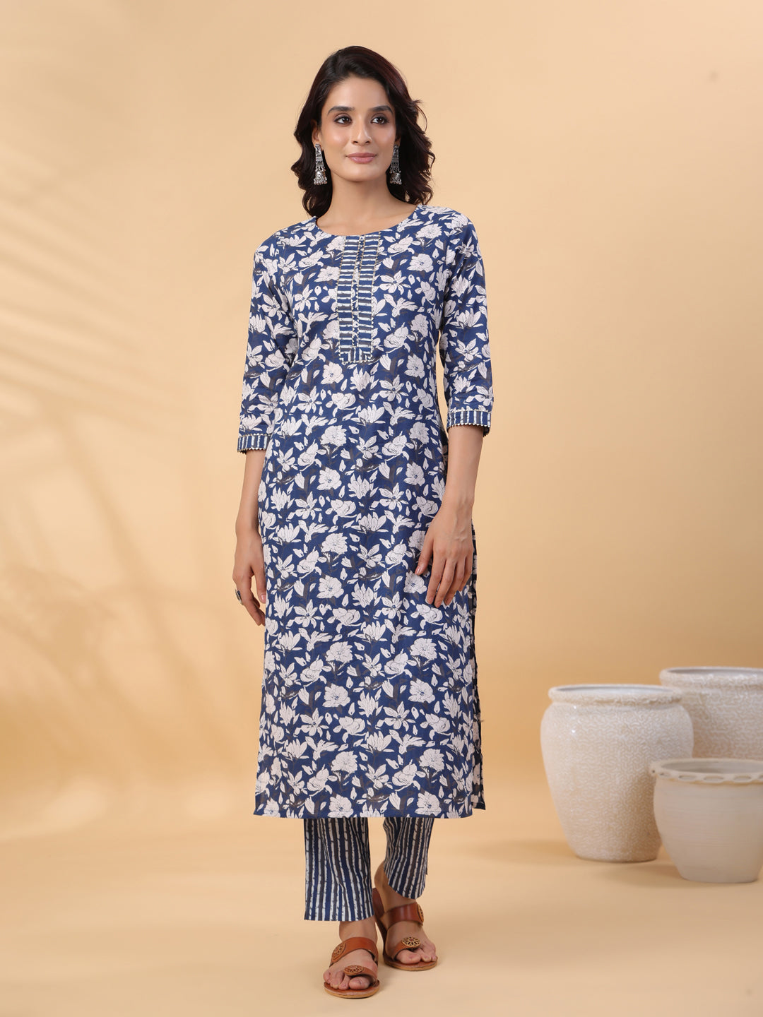 Janasya Blue Cambric Floral Set | Swadesiicart