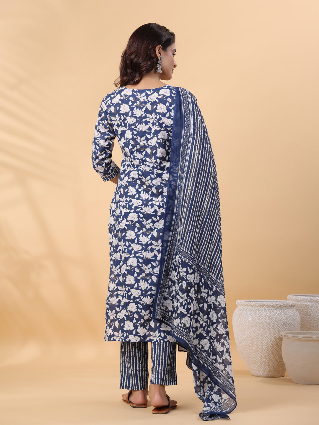 Janasya Blue Cambric Floral Set | Swadesiicart
