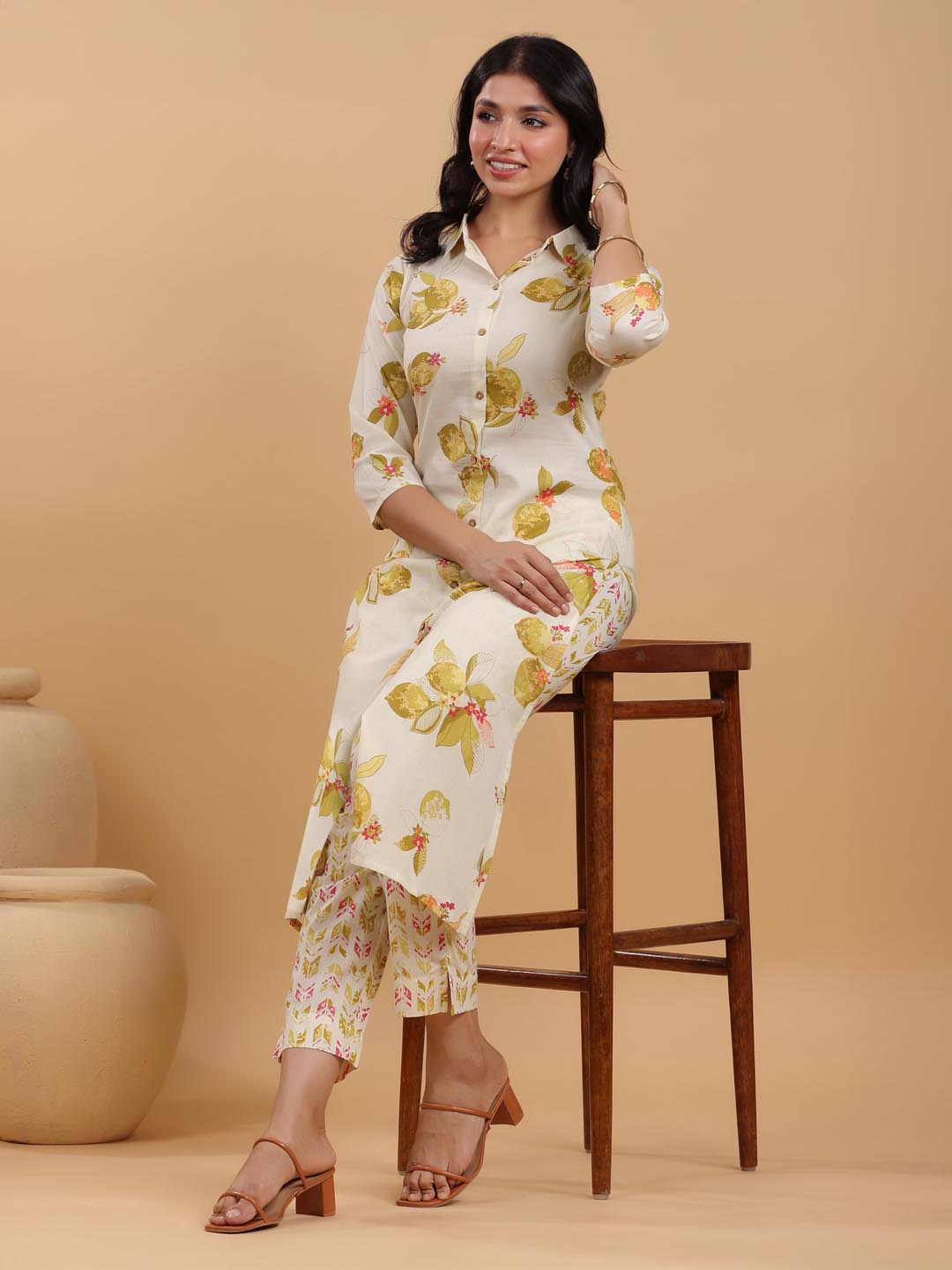 Janasya Light Cotton Floral Button Down Shirt Kurta Set | Swadesiicart