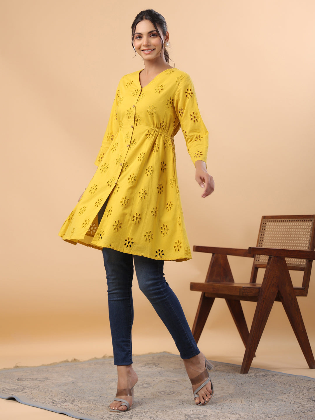 Janasya Mustard Cotton Schiffli A-Line Tunic | Swadesiicart