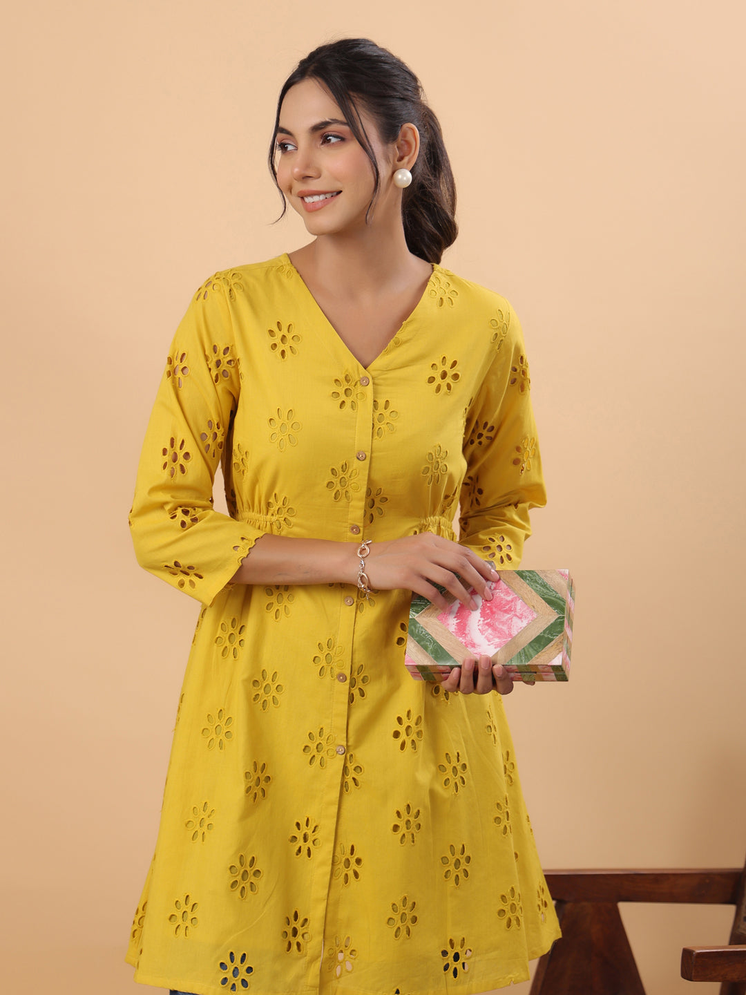 Janasya Mustard Cotton Schiffli A-Line Tunic | Swadesiicart